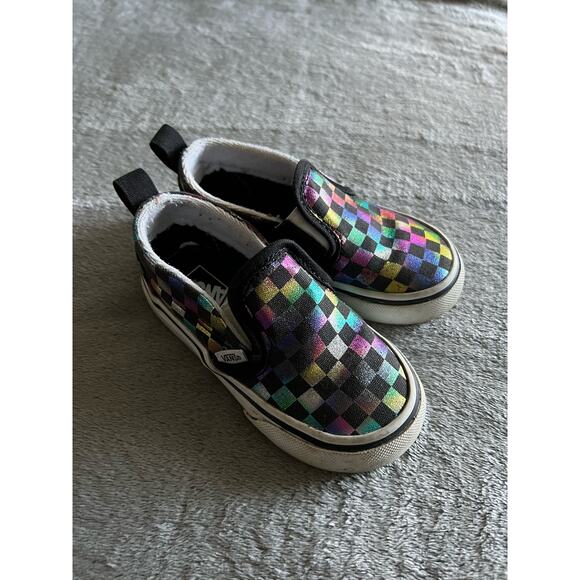 Vans Slip-On Shoes Girls Size 6 Iridescent/Black Checkerboard US Toddler - Picture 9 of 11